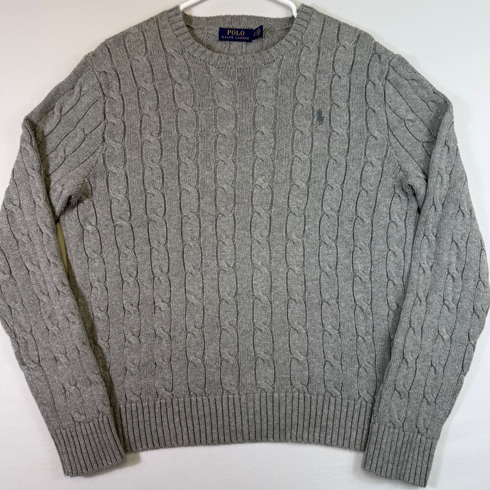 Polo Ralph Lauren Cable Knit Sweater Mens Small Gray Crew Neck Long Sleeve Pony